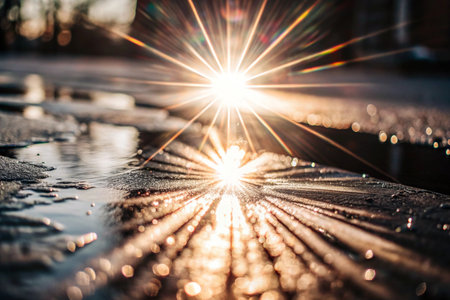 Abstract Bright yellow sun rays in backgroundの写真素材