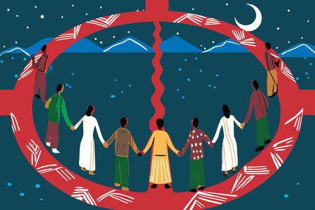 Peace concept: People of different nations hold hands together in a circleの写真素材