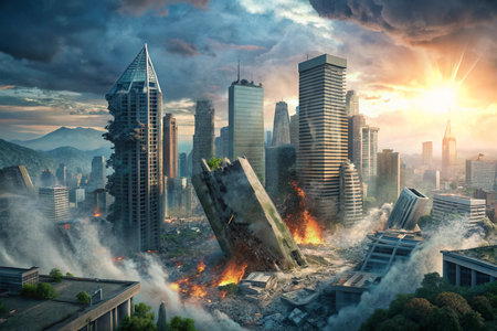 Huge tsunami, fire, earthquake destroy the downtown of a big modern city