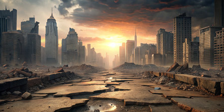 Apocalypses: huge tsunami, fire, earthquake destroy the downtown of a big modern city