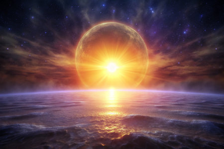 Abstract Bright yellow sun rays backgroundの写真素材