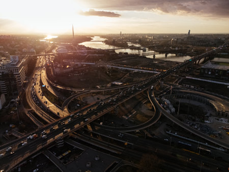 Aerial drone view of a road junction at sunset Belgrade, Serbia, Europe.の写真素材