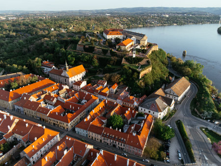 Drone areal shot of Petrovaradin fortress located on the Danube River bank across from Novi Sad. Serbia.の写真素材