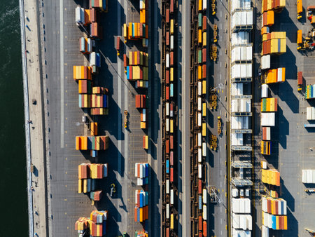 Drone view of a container port, Montreal, Quebec, Canada.