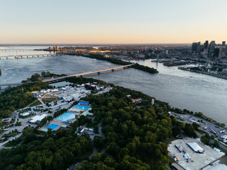 Drone view of the Park Jean-Drapeau, with the downtown of Montreal in the background. Quebec, Canadaの写真素材