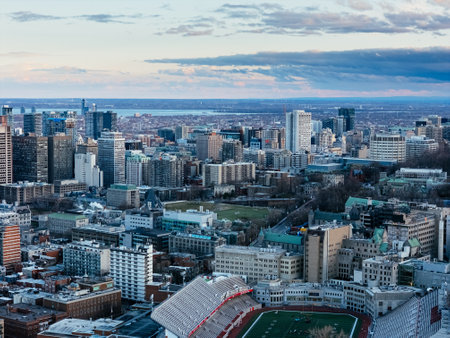 Cloudy Montreal City Skyline at sunset, Quebec, Canada.の写真素材