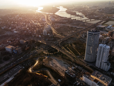 Drone view of the skyscrapers at the sunset Belgrade waterfront and skyline towers. Serbia, Europeの写真素材