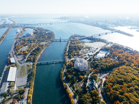 Drone view of autumn Park Jean-Drapeau, biosphere, with the downtown of Montreal in the background. Quebec, Canadaの写真素材