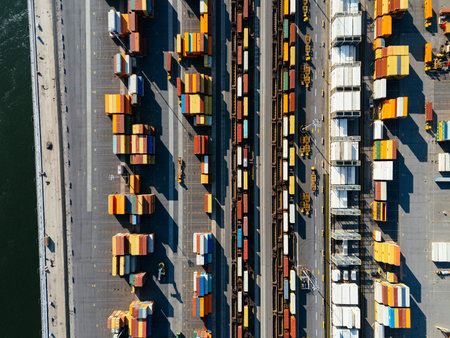 Drone view of a container port, Montreal, Quebec, Canada.の写真素材