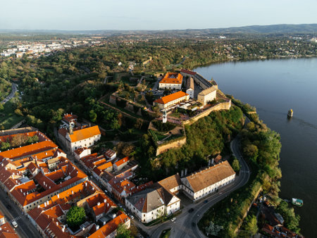 Drone areal shot of Petrovaradin fortress located on the Danube River bank across from Novi Sad. Serbia.の写真素材