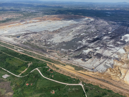 The abandoned, dead city near the Kolubara pit on coal mining by the open way. Drone view Lazarevac, Serbia.の写真素材