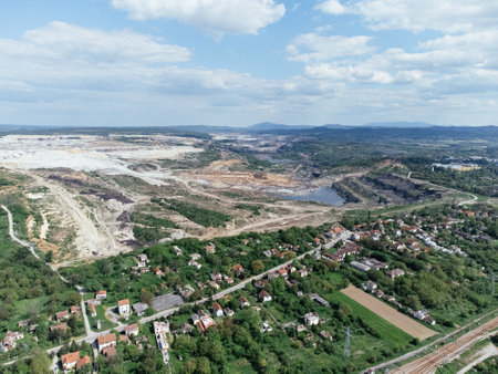 The abandoned, dead city near the Kolubara pit on coal mining by the open way. Drone view Lazarevac, Serbia.の写真素材