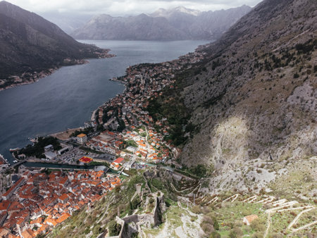 Drone view of Kotor Bay and the coastal town of Kotor, Montenegroの写真素材