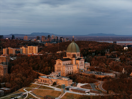 Aerial view of St. Josephs Oratory of Mount Royal at Sunset in winter. Montreal, Quebec, Canadaの写真素材