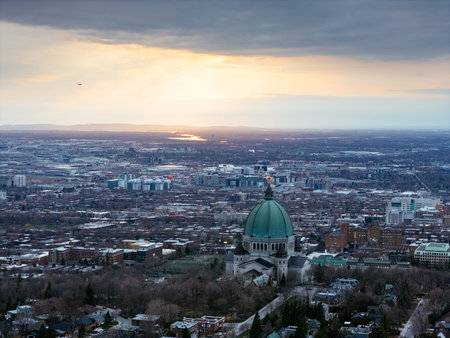Aerial view of St. Josephs Oratory of Mount Royal at Sunset in winter. Montreal, Quebec, Canadaの写真素材