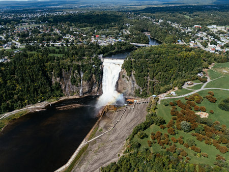 Drone view of Montmorency Falls, Quebec, Canadaの写真素材