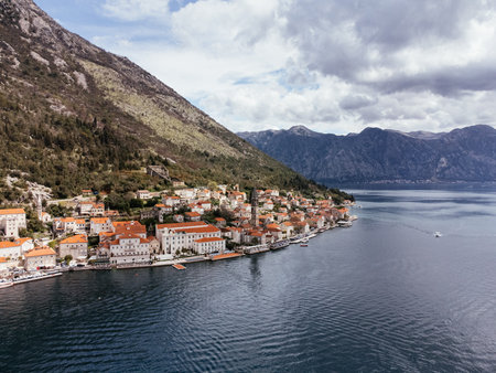 Drone view of the old town of Perast in the bay of Kotor, Montenegro