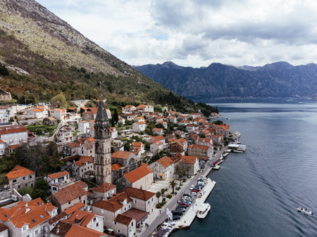 Drone view of the old town of Perast in the bay of Kotor, Montenegroの写真素材