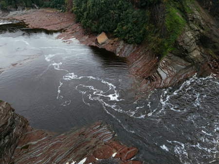 Aerial view of waterfall of river Chaudiere, Quebec city, Quebec, Canadaの写真素材