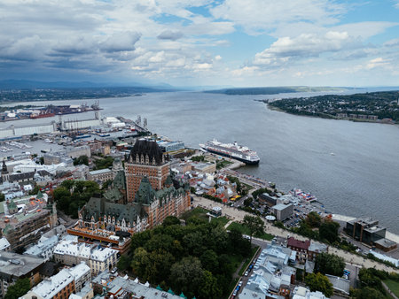 Areal view of Frontenac Castle in Old Quebec City, Quebec, Canada, North America.の写真素材