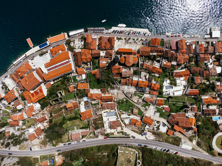 Drone view of the old town of Perast in the bay of Kotor, Montenegroの写真素材