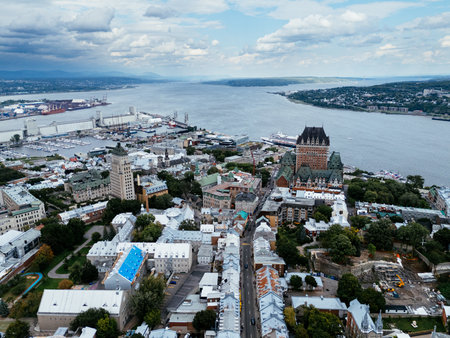 Areal view of Frontenac Castle in Old Quebec City, Quebec, Canada, North America.の写真素材