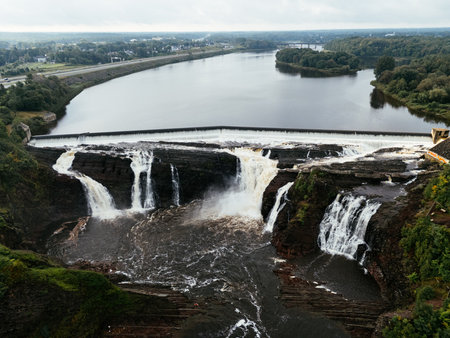 Aerial view of waterfall of river Chaudiere, Quebec city, Quebec, Canadaの写真素材