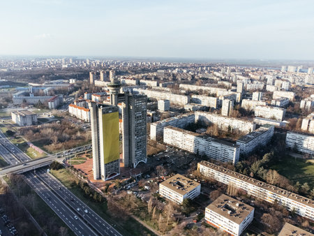 Drone view of the Belgrade Western Gate Genex tower, New Belgrade district, Serbia. Europe.の写真素材