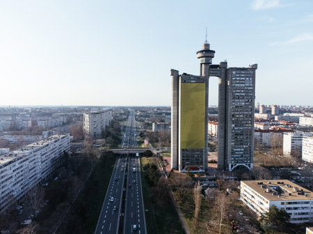 Drone view of the Belgrade Western Gate Genex tower, New Belgrade district, Serbia. Europe.の写真素材
