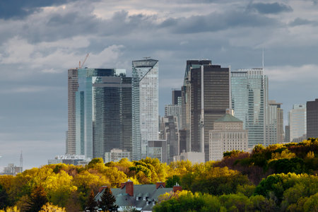 Aerial view of Montreal downtown and part Park Jean-Drapeau, Quebec, Canadaの写真素材