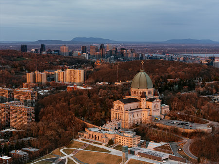 Aerial view of St. Josephs Oratory of Mount Royal at Sunset in winter. Montreal, Quebec, Canadaの写真素材