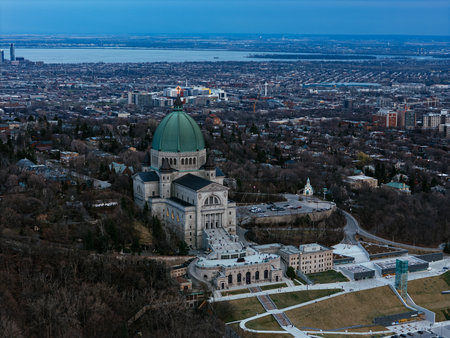 Aerial view of St. Josephs Oratory of Mount Royal at Sunset in winter. Montreal, Quebec, Canadaの写真素材