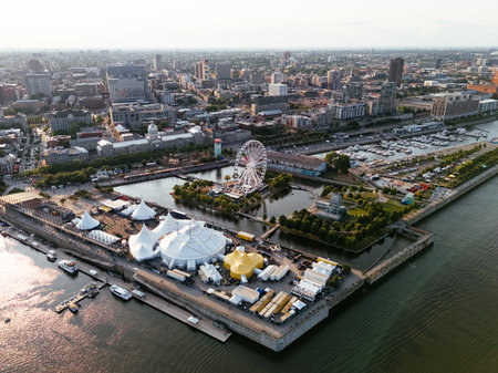 Drone view of Old Port City waterfront park with an entertainment venue. Montreal, Canadaの写真素材