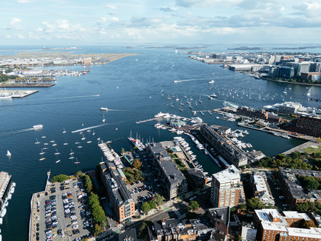 Aerial view of Boston Bay with yachts in it. Helicopter view from above. Massachusetts, USAの写真素材