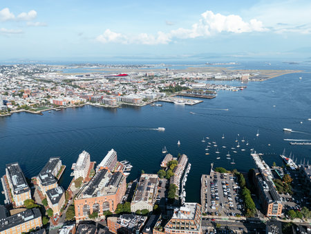 Aerial view of Boston Bay with yachts in it. Helicopter view from above. Massachusetts, USAの写真素材