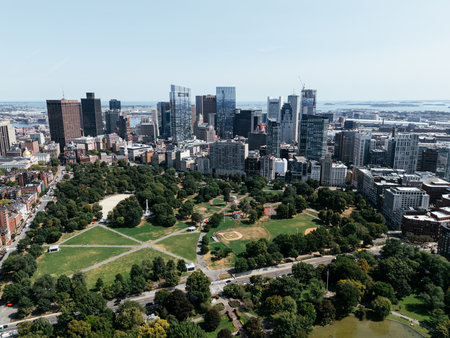 Christopher Columbus Park in Boston. A sunny summer day with the Boston skyline. Massachusetts, USA.の写真素材