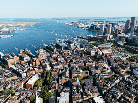 Aerial view of Boston Bay with yachts in it. Helicopter view from above. Massachusetts, USAの写真素材