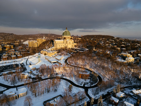 Aerial view of St. Josephs Oratory of Mount Royal at Sunset in winter. Montreal, Quebec, Canada.の写真素材