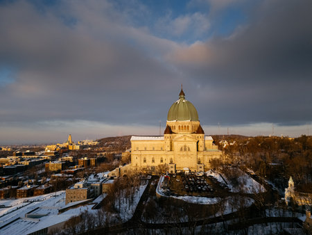 Aerial view of St. Josephs Oratory of Mount Royal at Sunset in winter. Montreal, Quebec, Canada.の写真素材