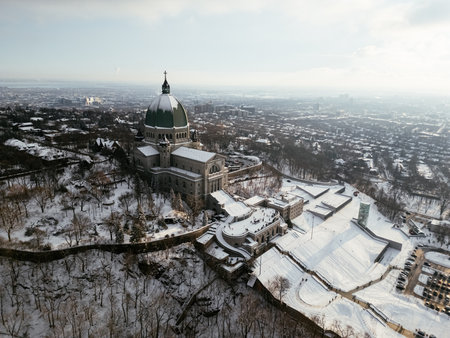 Aerial view of St. Josephs Oratory of Mount Royal at Sunset in winter. Montreal, Quebec, Canada.の写真素材