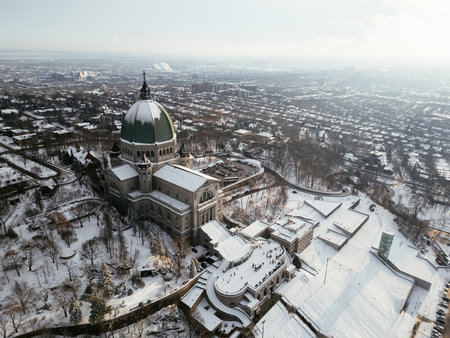 Aerial view of St. Josephs Oratory of Mount Royal at Sunset in winter. Montreal, Quebec, Canada.の写真素材