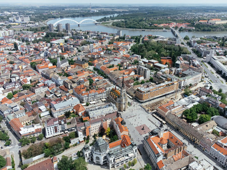 Drone flight above the downtown and central square of Novi Sad city, Serbia.の写真素材