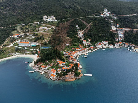 Aerial drone view of the city on the Adriatic seashore. Rose, Montenegro, Europeの写真素材