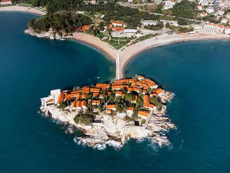 Aerial drone view of the city on the Adriatic seashore. Rose, Montenegro, Europeの写真素材