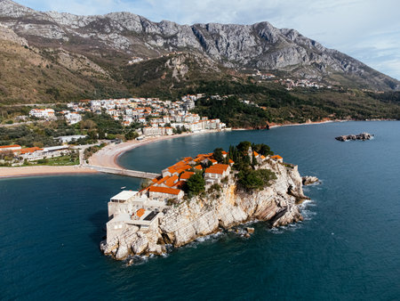 Aerial drone view of the city on the Adriatic seashore. Rose, Montenegro, Europeの写真素材