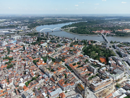 Drone flight above the downtown and central square of Novi Sad city, Serbia.の写真素材