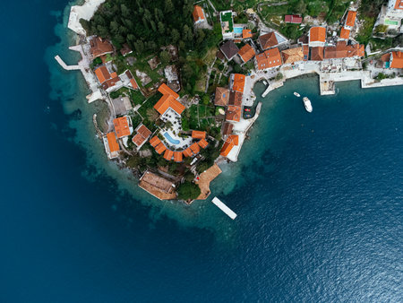 Aerial drone view of the city on the Adriatic seashore. Rose, Montenegro, Europeの写真素材