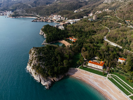 Aerial drone view of the city on the Adriatic seashore. Rose, Montenegro, Europeの写真素材