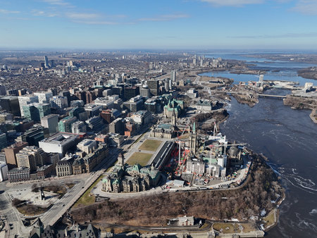 Aerial view of the capital Parliament under renovation the skyline of downtown Ottawa.の写真素材