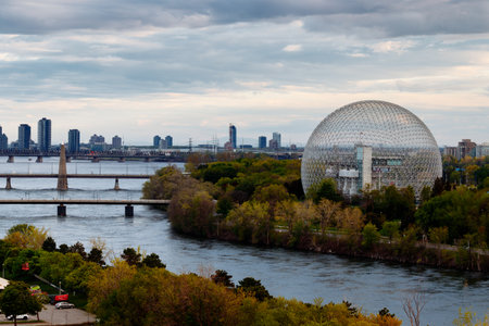 Drone view of Montreal Biosphere at the Park Jean-Drapeau, with the downtown of Montreal in the background. Quebec, Canada.の写真素材